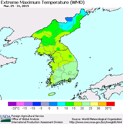 Korea Maximum Daily Temperature (WMO) Thematic Map For 3/25/2019 - 3/31/2019