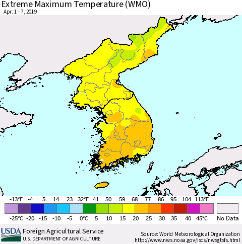 Korea Maximum Daily Temperature (WMO) Thematic Map For 4/1/2019 - 4/7/2019