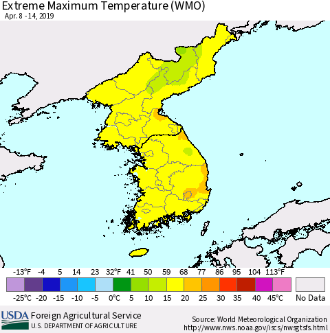 Korea Maximum Daily Temperature (WMO) Thematic Map For 4/8/2019 - 4/14/2019