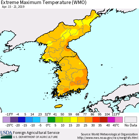 Korea Maximum Daily Temperature (WMO) Thematic Map For 4/15/2019 - 4/21/2019