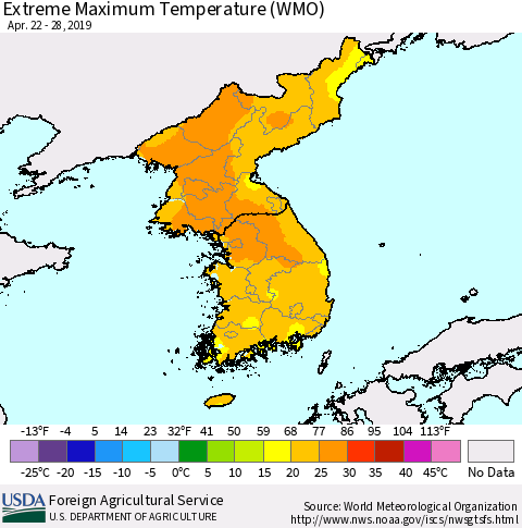 Korea Maximum Daily Temperature (WMO) Thematic Map For 4/22/2019 - 4/28/2019