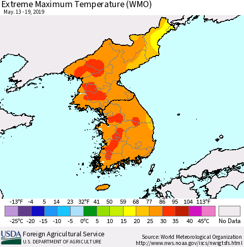 Korea Maximum Daily Temperature (WMO) Thematic Map For 5/13/2019 - 5/19/2019