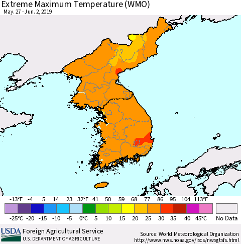 Korea Maximum Daily Temperature (WMO) Thematic Map For 5/27/2019 - 6/2/2019