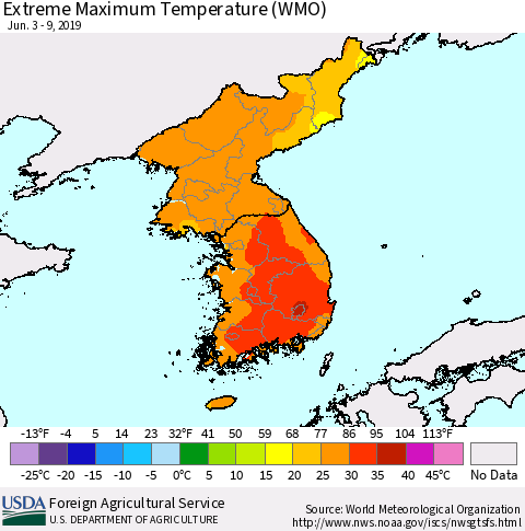 Korea Maximum Daily Temperature (WMO) Thematic Map For 6/3/2019 - 6/9/2019