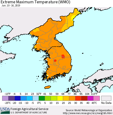 Korea Maximum Daily Temperature (WMO) Thematic Map For 6/10/2019 - 6/16/2019