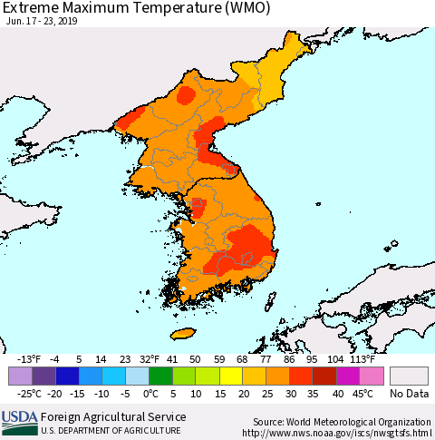 Korea Maximum Daily Temperature (WMO) Thematic Map For 6/17/2019 - 6/23/2019