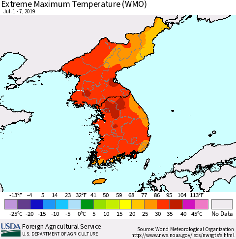 Korea Maximum Daily Temperature (WMO) Thematic Map For 7/1/2019 - 7/7/2019