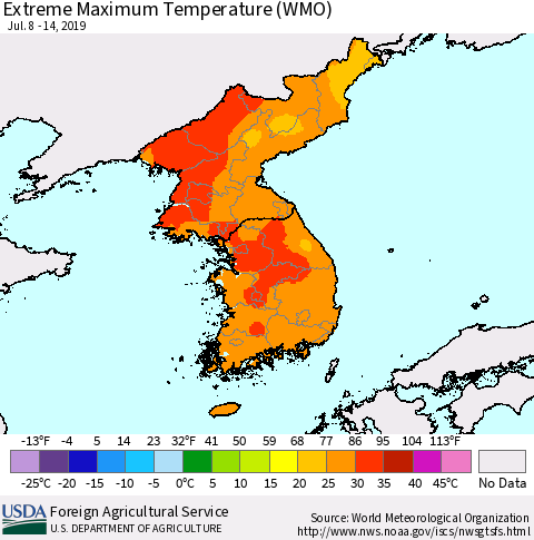 Korea Maximum Daily Temperature (WMO) Thematic Map For 7/8/2019 - 7/14/2019