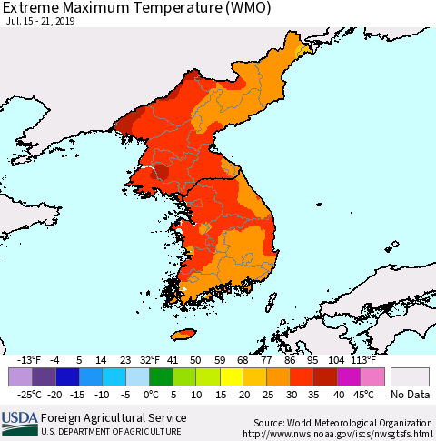 Korea Maximum Daily Temperature (WMO) Thematic Map For 7/15/2019 - 7/21/2019