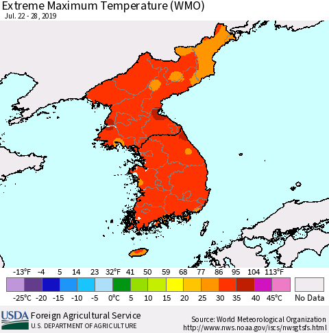 Korea Maximum Daily Temperature (WMO) Thematic Map For 7/22/2019 - 7/28/2019