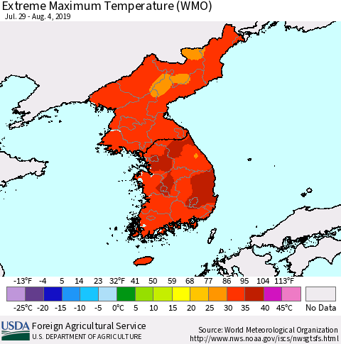 Korea Maximum Daily Temperature (WMO) Thematic Map For 7/29/2019 - 8/4/2019