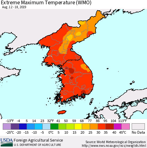 Korea Maximum Daily Temperature (WMO) Thematic Map For 8/12/2019 - 8/18/2019