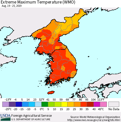 Korea Maximum Daily Temperature (WMO) Thematic Map For 8/19/2019 - 8/25/2019