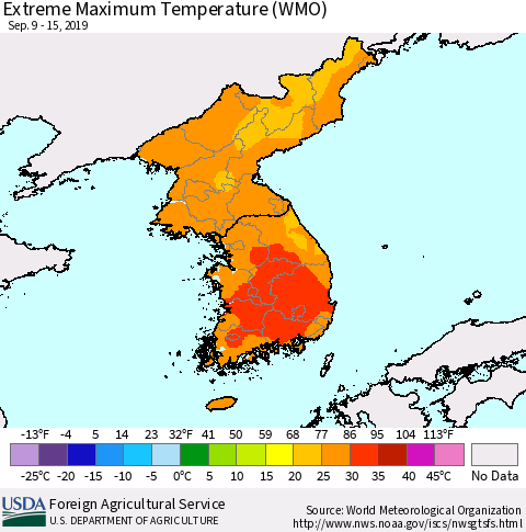 Korea Maximum Daily Temperature (WMO) Thematic Map For 9/9/2019 - 9/15/2019
