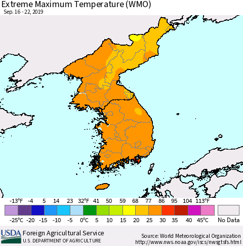Korea Maximum Daily Temperature (WMO) Thematic Map For 9/16/2019 - 9/22/2019