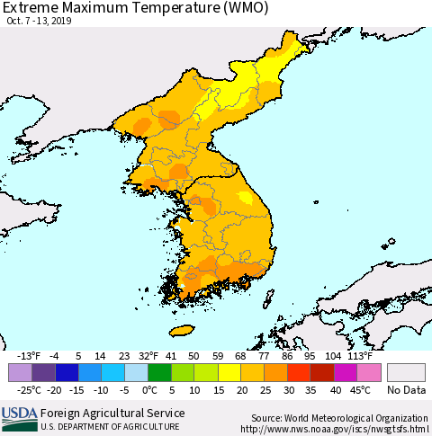 Korea Maximum Daily Temperature (WMO) Thematic Map For 10/7/2019 - 10/13/2019
