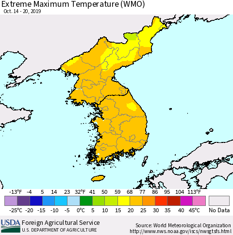 Korea Maximum Daily Temperature (WMO) Thematic Map For 10/14/2019 - 10/20/2019