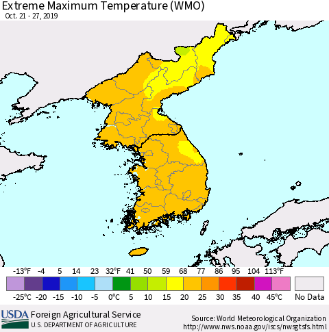 Korea Maximum Daily Temperature (WMO) Thematic Map For 10/21/2019 - 10/27/2019