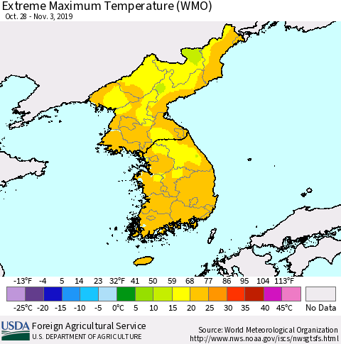 Korea Maximum Daily Temperature (WMO) Thematic Map For 10/28/2019 - 11/3/2019