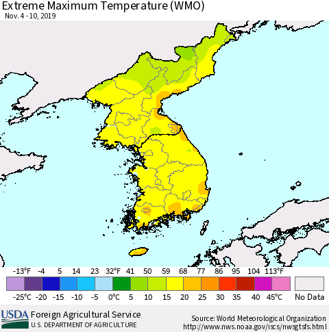 Korea Maximum Daily Temperature (WMO) Thematic Map For 11/4/2019 - 11/10/2019