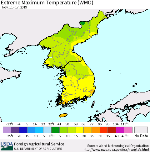 Korea Maximum Daily Temperature (WMO) Thematic Map For 11/11/2019 - 11/17/2019