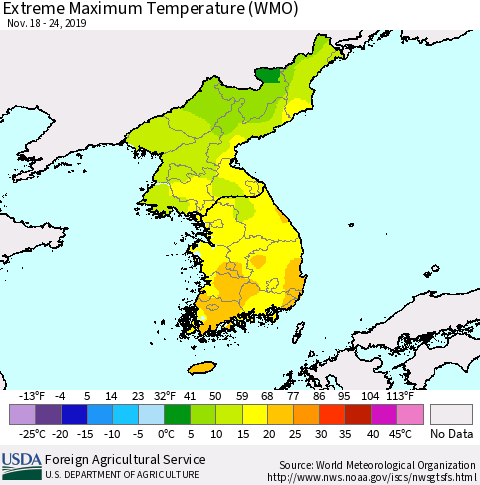 Korea Maximum Daily Temperature (WMO) Thematic Map For 11/18/2019 - 11/24/2019