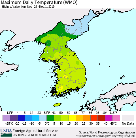 Korea Maximum Daily Temperature (WMO) Thematic Map For 11/25/2019 - 12/1/2019