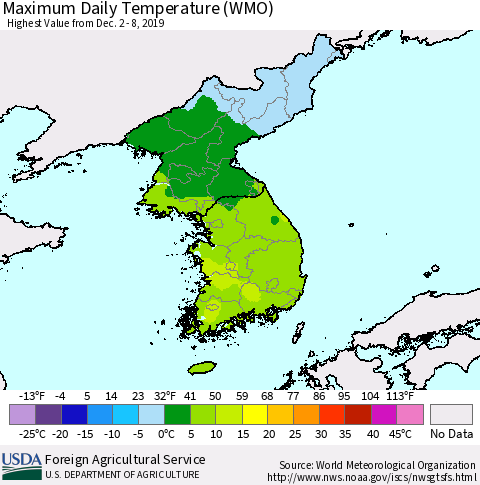 Korea Maximum Daily Temperature (WMO) Thematic Map For 12/2/2019 - 12/8/2019