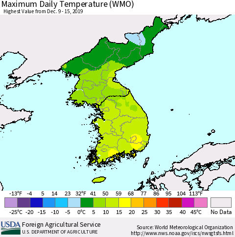 Korea Maximum Daily Temperature (WMO) Thematic Map For 12/9/2019 - 12/15/2019