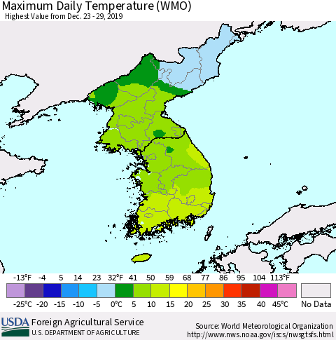 Korea Maximum Daily Temperature (WMO) Thematic Map For 12/23/2019 - 12/29/2019