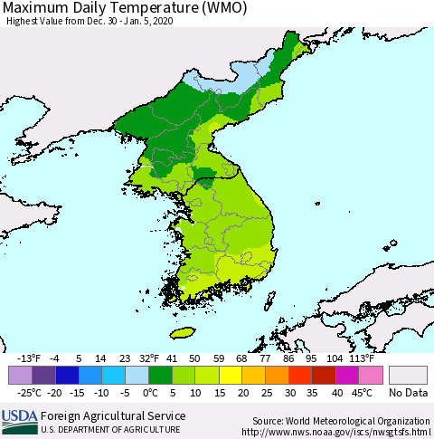 Korea Maximum Daily Temperature (WMO) Thematic Map For 12/30/2019 - 1/5/2020