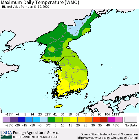Korea Maximum Daily Temperature (WMO) Thematic Map For 1/6/2020 - 1/12/2020