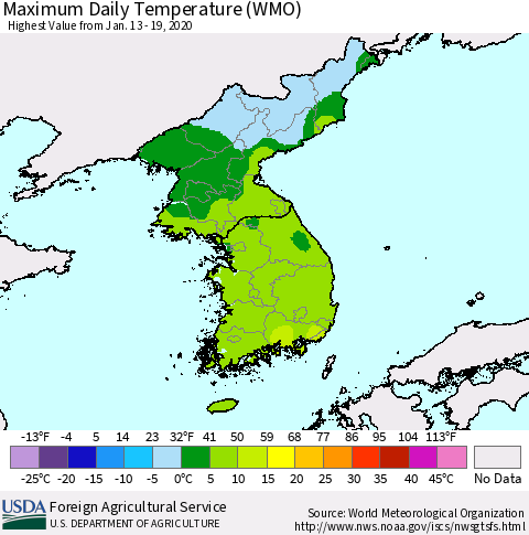 Korea Maximum Daily Temperature (WMO) Thematic Map For 1/13/2020 - 1/19/2020