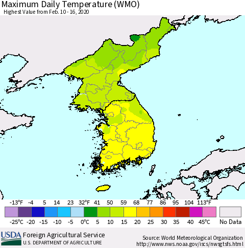 Korea Maximum Daily Temperature (WMO) Thematic Map For 2/10/2020 - 2/16/2020