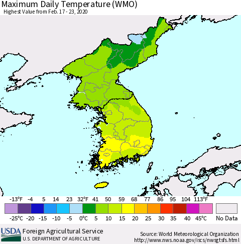 Korea Maximum Daily Temperature (WMO) Thematic Map For 2/17/2020 - 2/23/2020