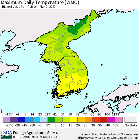 Korea Maximum Daily Temperature (WMO) Thematic Map For 2/24/2020 - 3/1/2020