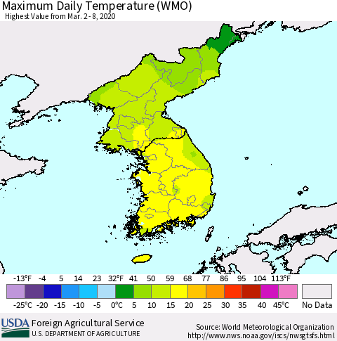 Korea Maximum Daily Temperature (WMO) Thematic Map For 3/2/2020 - 3/8/2020