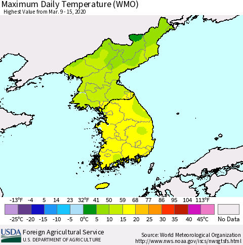Korea Maximum Daily Temperature (WMO) Thematic Map For 3/9/2020 - 3/15/2020