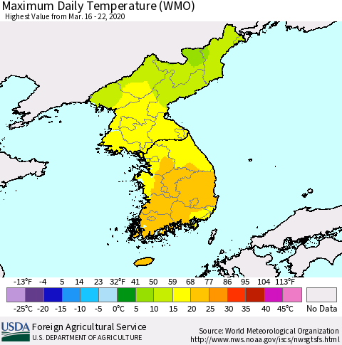 Korea Maximum Daily Temperature (WMO) Thematic Map For 3/16/2020 - 3/22/2020