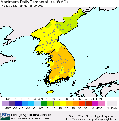 Korea Maximum Daily Temperature (WMO) Thematic Map For 3/23/2020 - 3/29/2020
