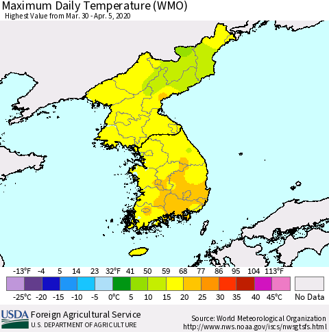 Korea Maximum Daily Temperature (WMO) Thematic Map For 3/30/2020 - 4/5/2020