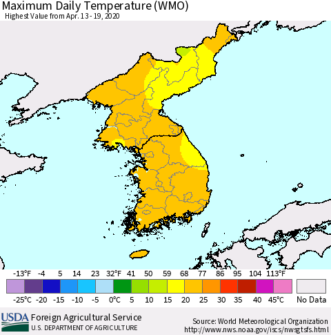 Korea Maximum Daily Temperature (WMO) Thematic Map For 4/13/2020 - 4/19/2020