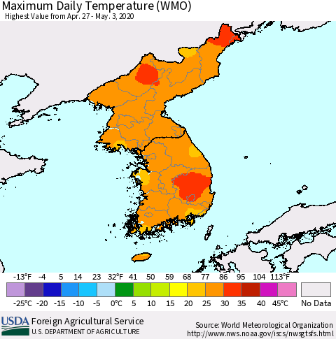 Korea Maximum Daily Temperature (WMO) Thematic Map For 4/27/2020 - 5/3/2020