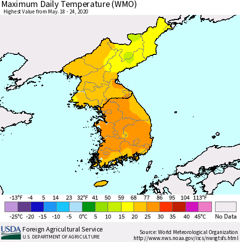 Korea Maximum Daily Temperature (WMO) Thematic Map For 5/18/2020 - 5/24/2020