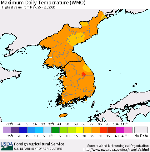 Korea Maximum Daily Temperature (WMO) Thematic Map For 5/25/2020 - 5/31/2020