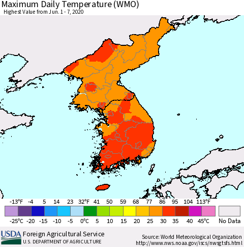 Korea Maximum Daily Temperature (WMO) Thematic Map For 6/1/2020 - 6/7/2020