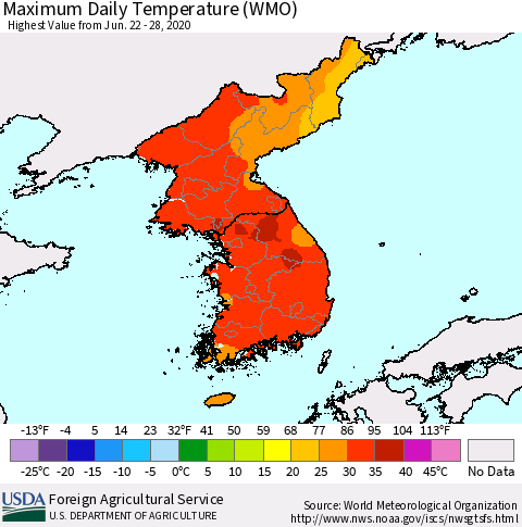 Korea Maximum Daily Temperature (WMO) Thematic Map For 6/22/2020 - 6/28/2020