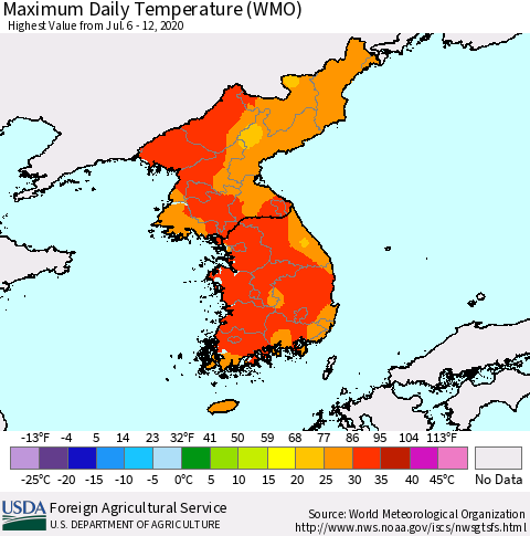 Korea Maximum Daily Temperature (WMO) Thematic Map For 7/6/2020 - 7/12/2020