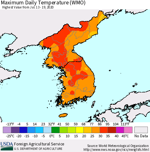 Korea Maximum Daily Temperature (WMO) Thematic Map For 7/13/2020 - 7/19/2020