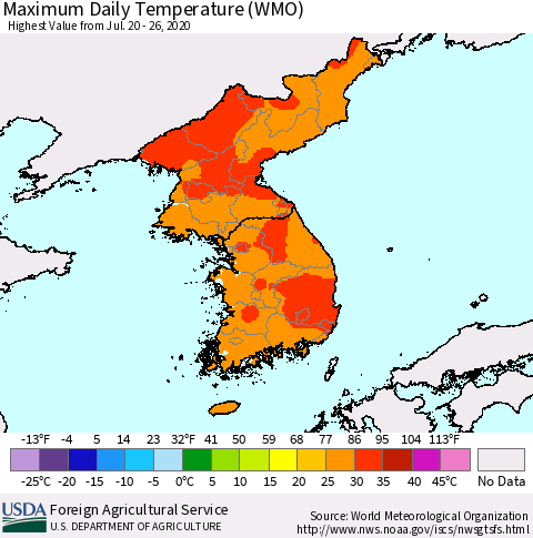 Korea Maximum Daily Temperature (WMO) Thematic Map For 7/20/2020 - 7/26/2020